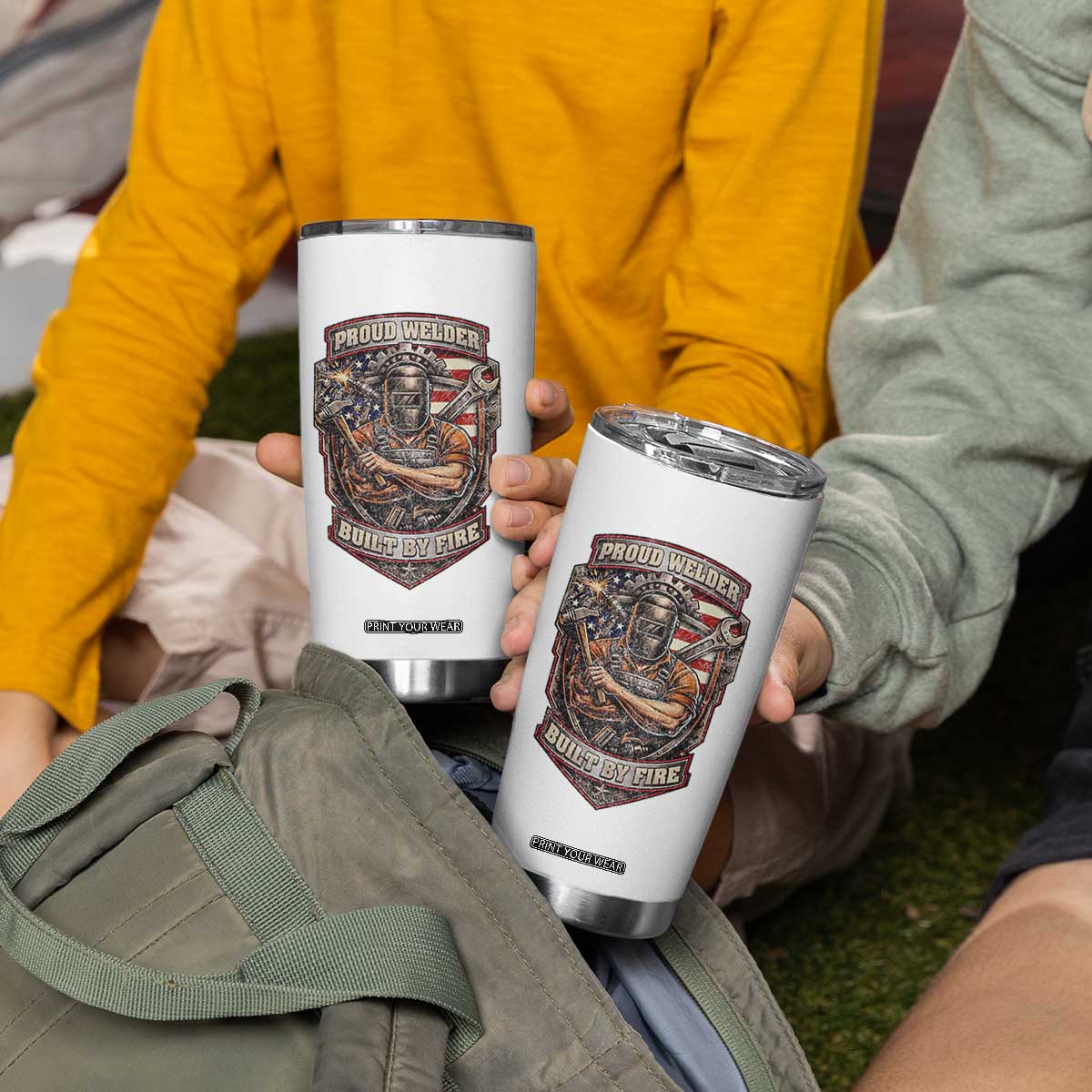 Vintage Proud American Welder Tumbler Cup Built By Fire Blue Collar Dad Gift TS12 Print Your Wear