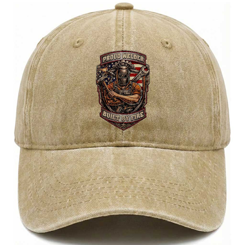 Vintage Proud American Welder Washed Cotton Baseball Cap Built By Fire Blue Collar Dad Gift TS12 Print Your Wear