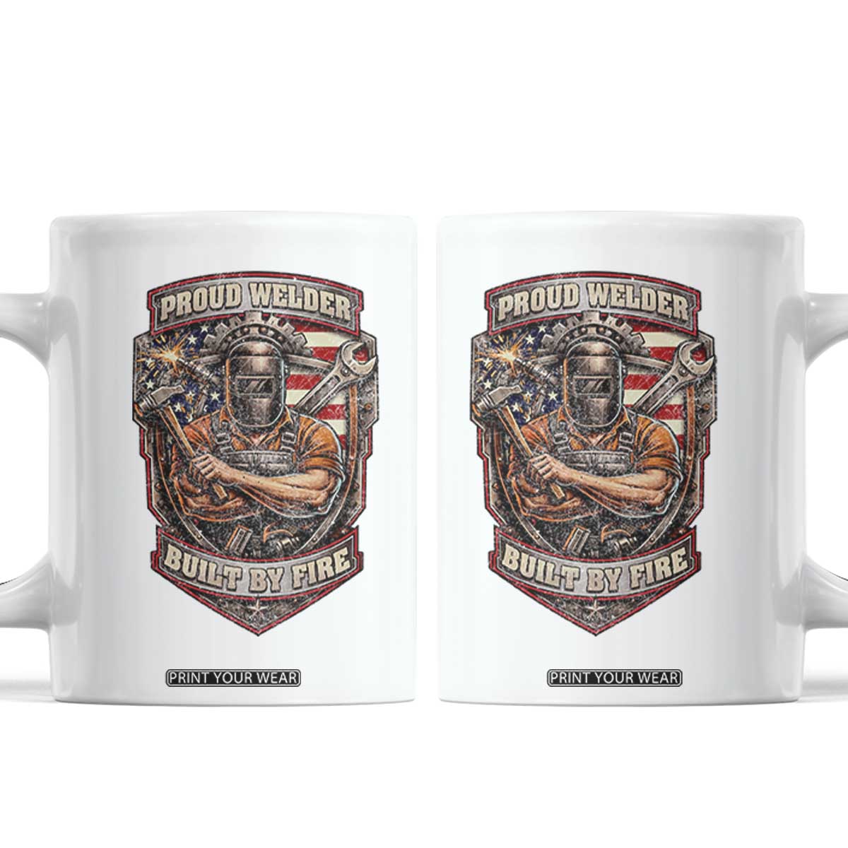 Vintage Proud American Welder Coffee Mug Built By Fire Blue Collar Dad Gift