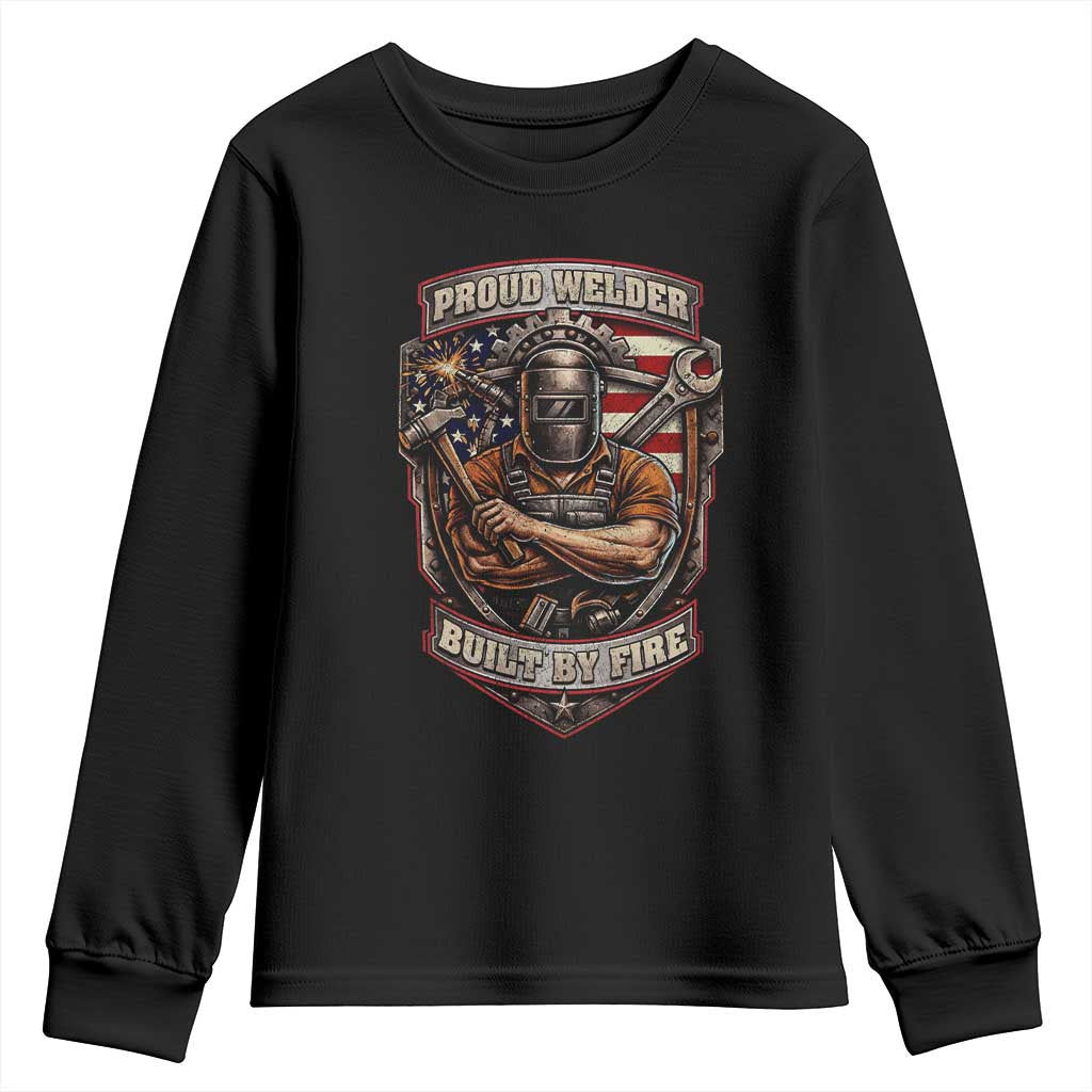 Vintage Proud American Welder Youth Sweatshirt Built By Fire Blue Collar Dad Gift
