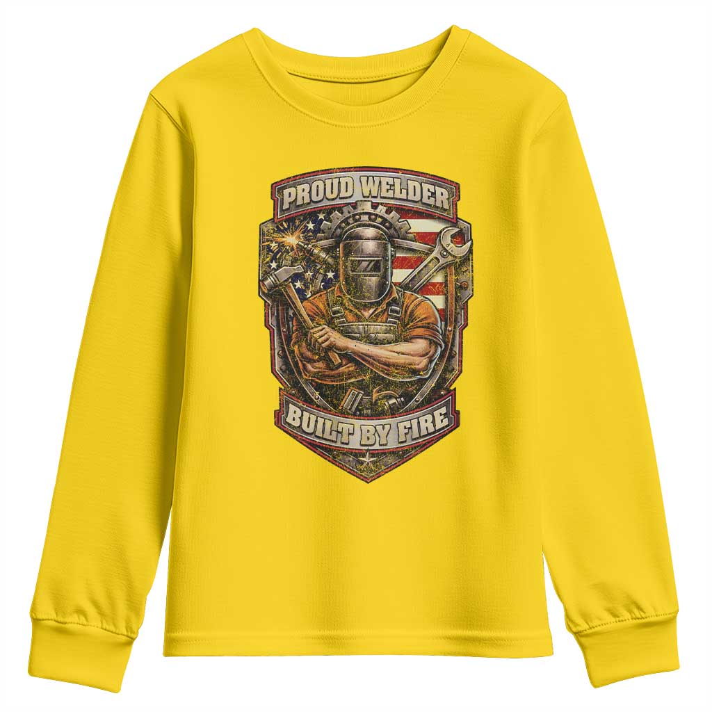 Vintage Proud American Welder Youth Sweatshirt Built By Fire Blue Collar Dad Gift