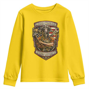 Vintage Proud American Welder Youth Sweatshirt Built By Fire Blue Collar Dad Gift