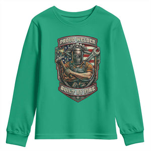 Vintage Proud American Welder Youth Sweatshirt Built By Fire Blue Collar Dad Gift