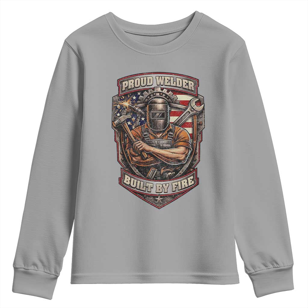 Vintage Proud American Welder Youth Sweatshirt Built By Fire Blue Collar Dad Gift