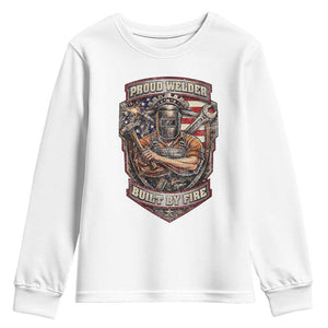 Vintage Proud American Welder Youth Sweatshirt Built By Fire Blue Collar Dad Gift