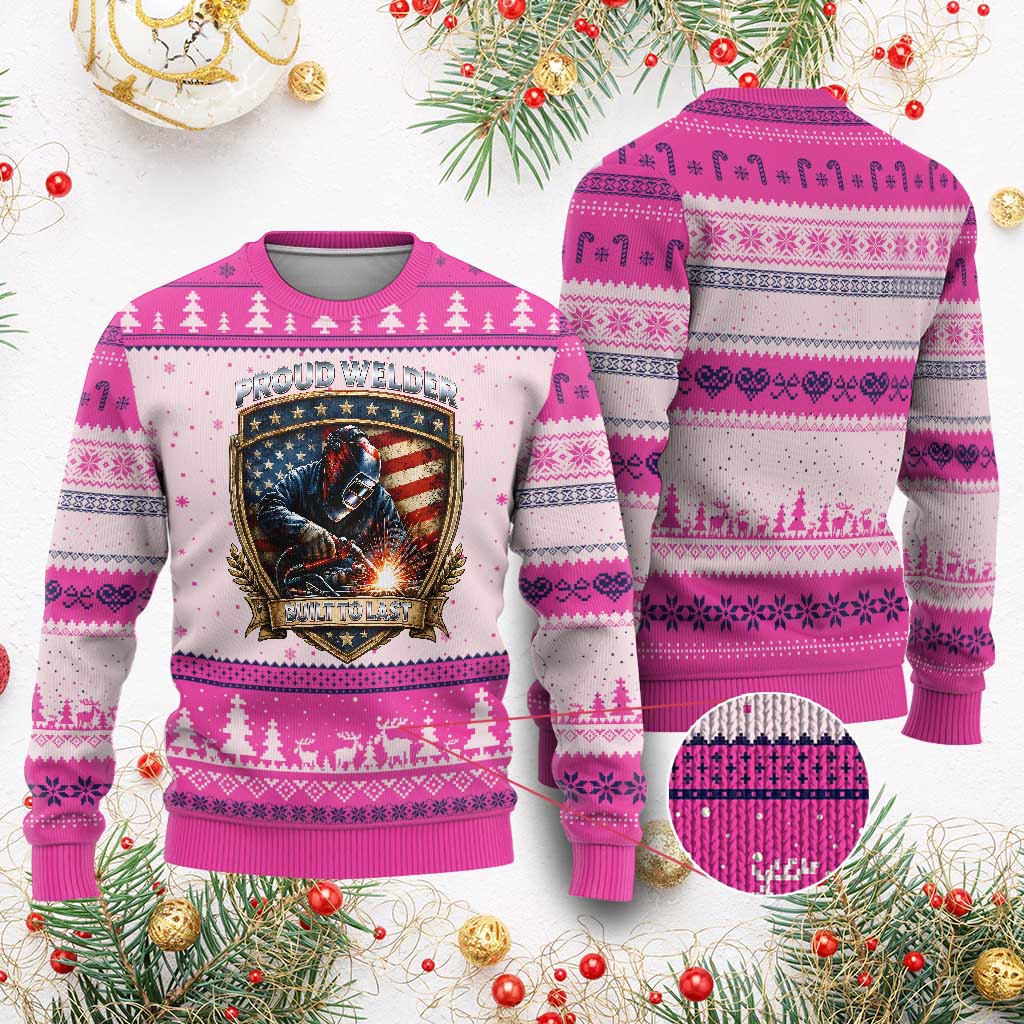 Built To Last Proud Welder Ugly Christmas Sweater Blue Collar American Dad Gift