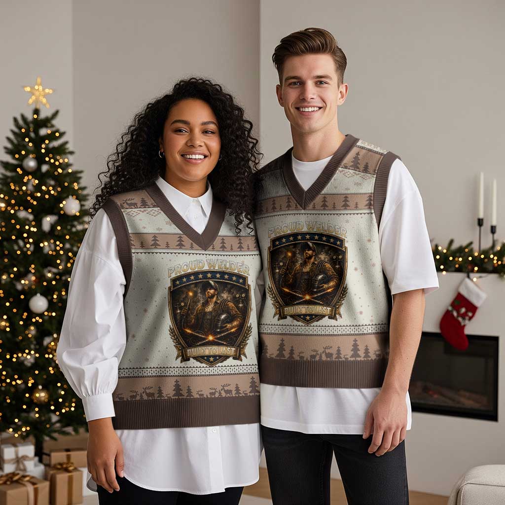 Proud Welder Graphic V-Neck Knit Sweater Vest Built To Last Worker Gift TS12 Mocha Mousse Print Your Wear