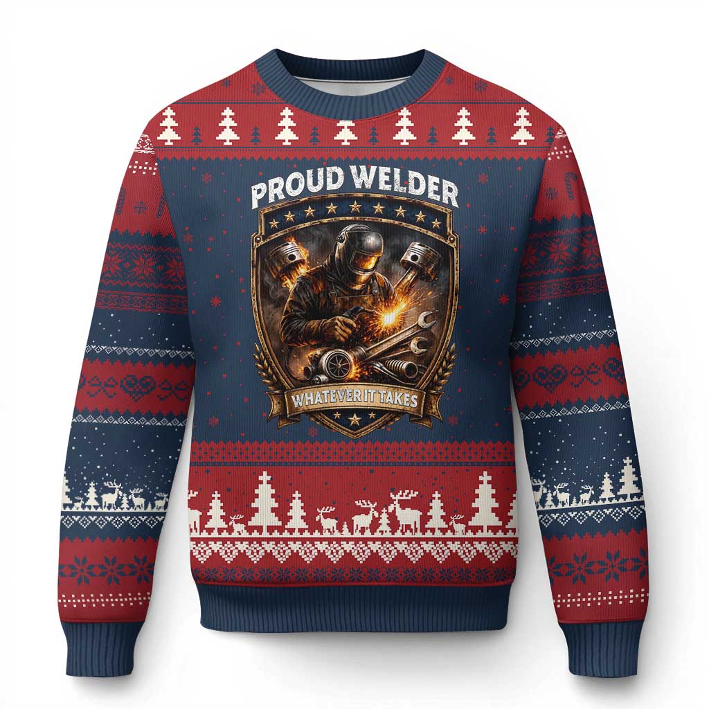 Proud Welder Whatever It Takes Ugly Christmas Sweater Vintage Mechanic Workwear TS12 Navy Red Print Your Wear