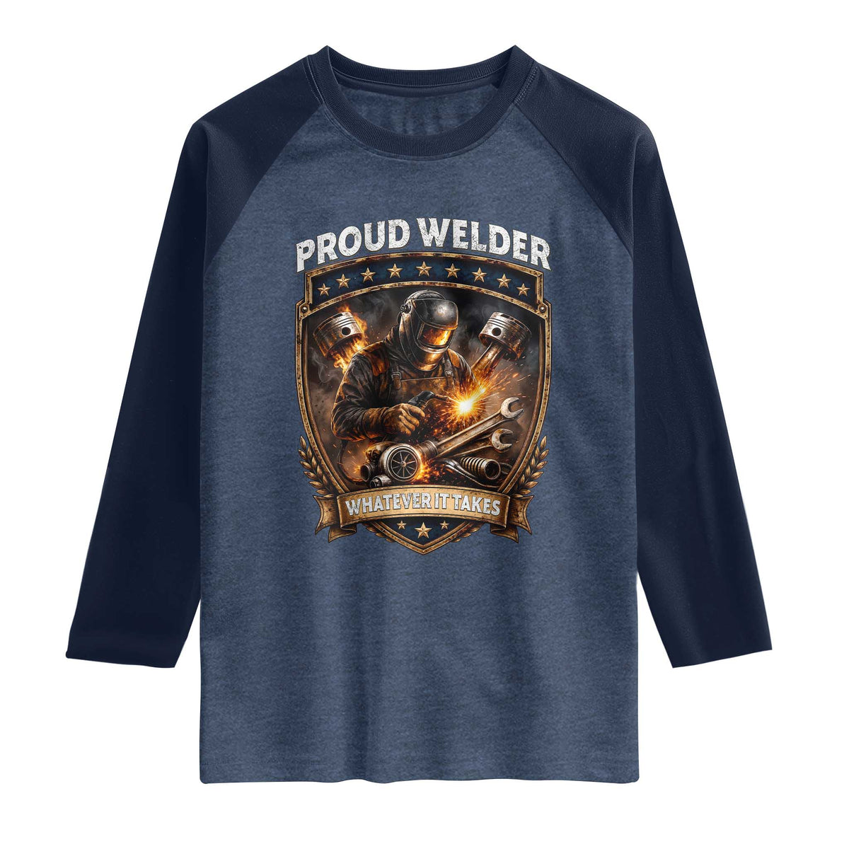 Proud Welder Whatever It Takes Raglan Shirt Vintage Mechanic Workwear TS12 Heather Denim Navy Print Your Wear