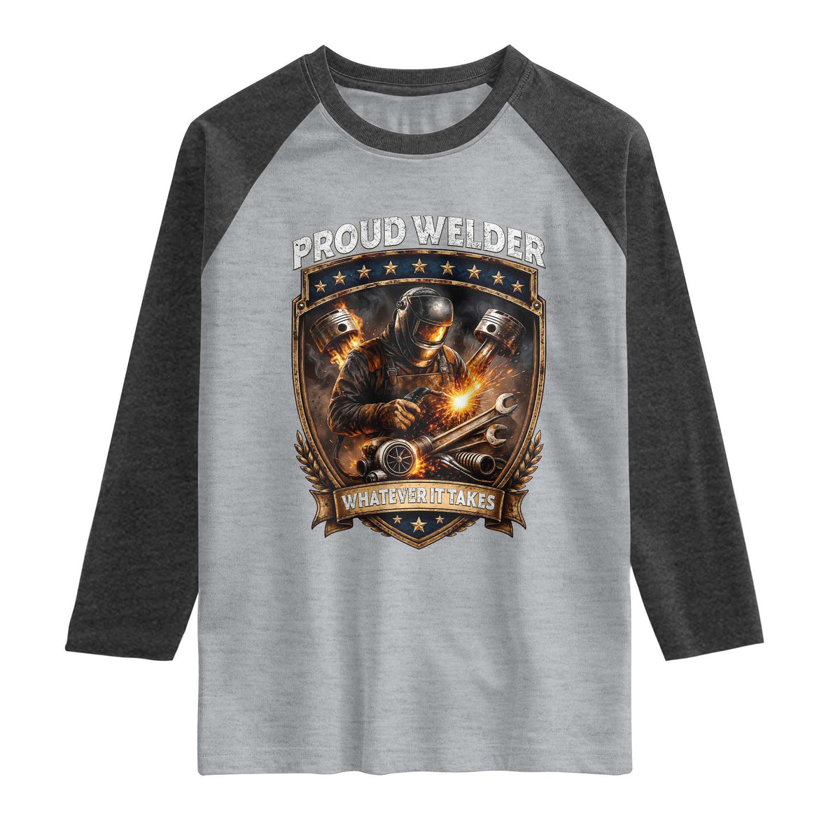 Proud Welder Whatever It Takes Raglan Shirt Vintage Mechanic Workwear TS12 Heather Gray Heather Charcoal Print Your Wear