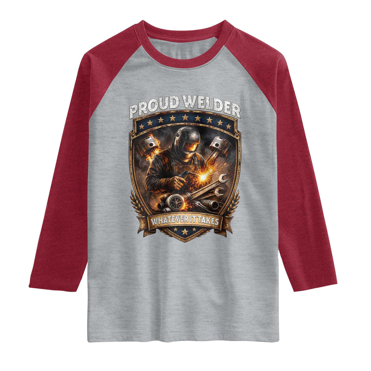 Proud Welder Whatever It Takes Raglan Shirt Vintage Mechanic Workwear TS12 Heather Gray Heather Red Print Your Wear