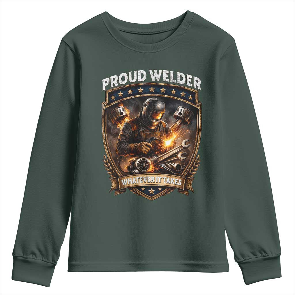 Proud Welder Whatever It Takes Youth Sweatshirt Vintage Mechanic Workwear TS12 Dark Forest Green Print Your Wear