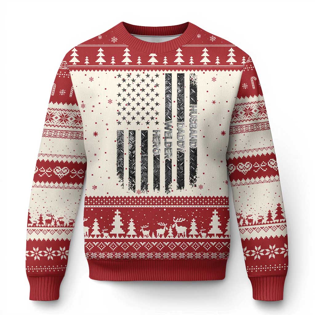 Husband Daddy Welder Hero Ugly Christmas Sweater Patriotic Welding American Flag Graphic TS12 Beige Red Print Your Wear