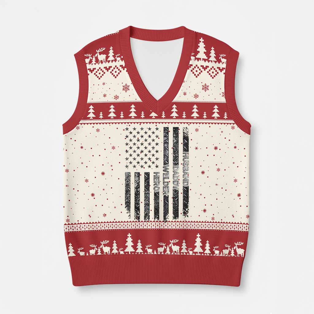 Husband Daddy Welder Hero V-Neck Knit Sweater Vest Patriotic Welding American Flag Graphic TS12 Beige Red Print Your Wear