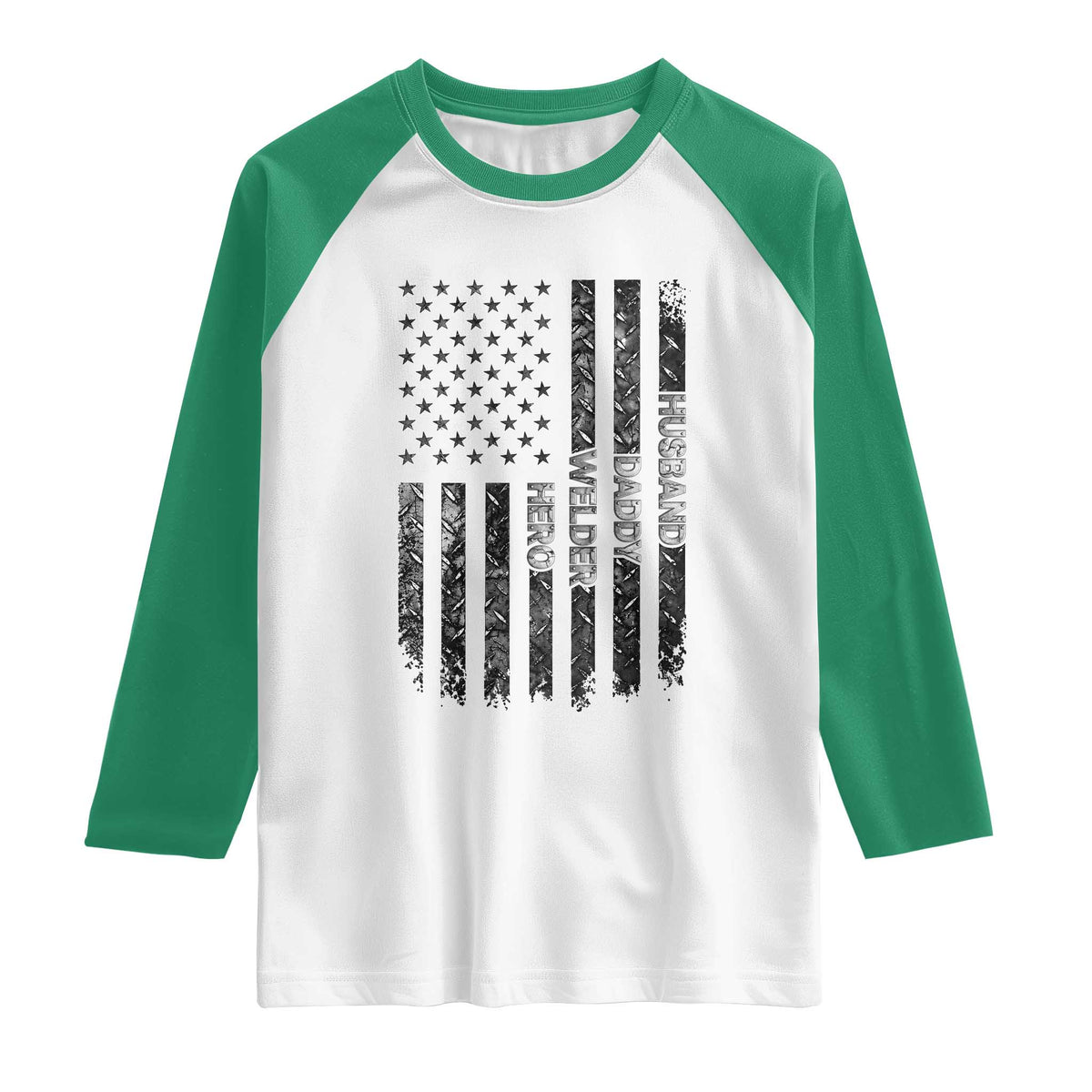 Husband Daddy Welder Hero Raglan Shirt Patriotic Welding American Flag Graphic TS12 White Kelly Green Print Your Wear