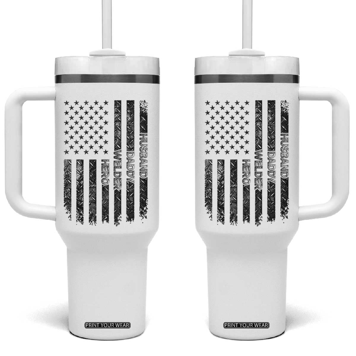Husband Daddy Welder Hero Tumbler With Handle Patriotic Welding American Flag Graphic TS12 One Size: 40 oz White Print Your Wear