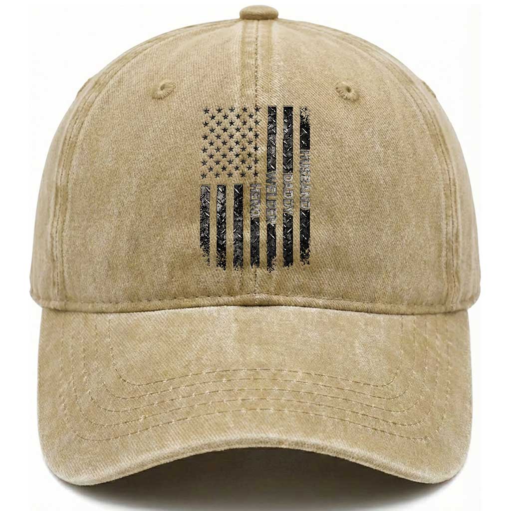 Husband Daddy Welder Hero Washed Cotton Baseball Cap Patriotic Welding American Flag Graphic TS12 Print Your Wear