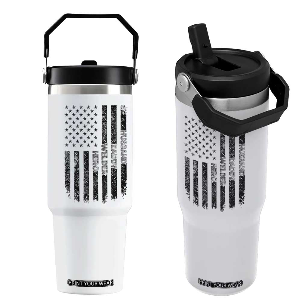 Husband Daddy Welder Hero Flip Straw Tumbler Patriotic Welding American Flag Graphic TS12 One Size: 30 oz White Print Your Wear