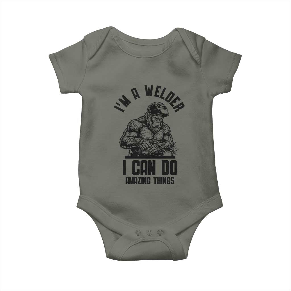 Funny Bigfoot Welder Baby Onesie I Can Do Amazing Things TS12 Military Green Print Your Wear