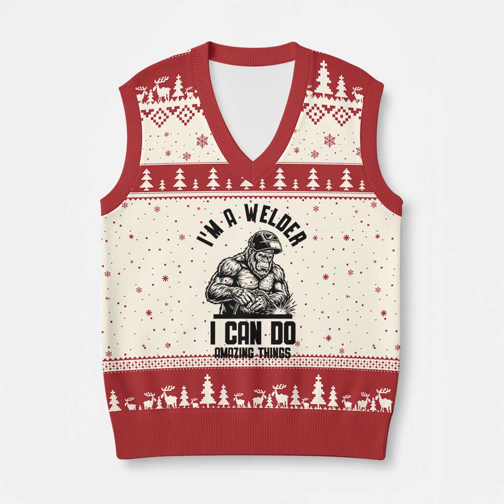Funny Bigfoot Welder V-Neck Knit Sweater Vest I Can Do Amazing Things