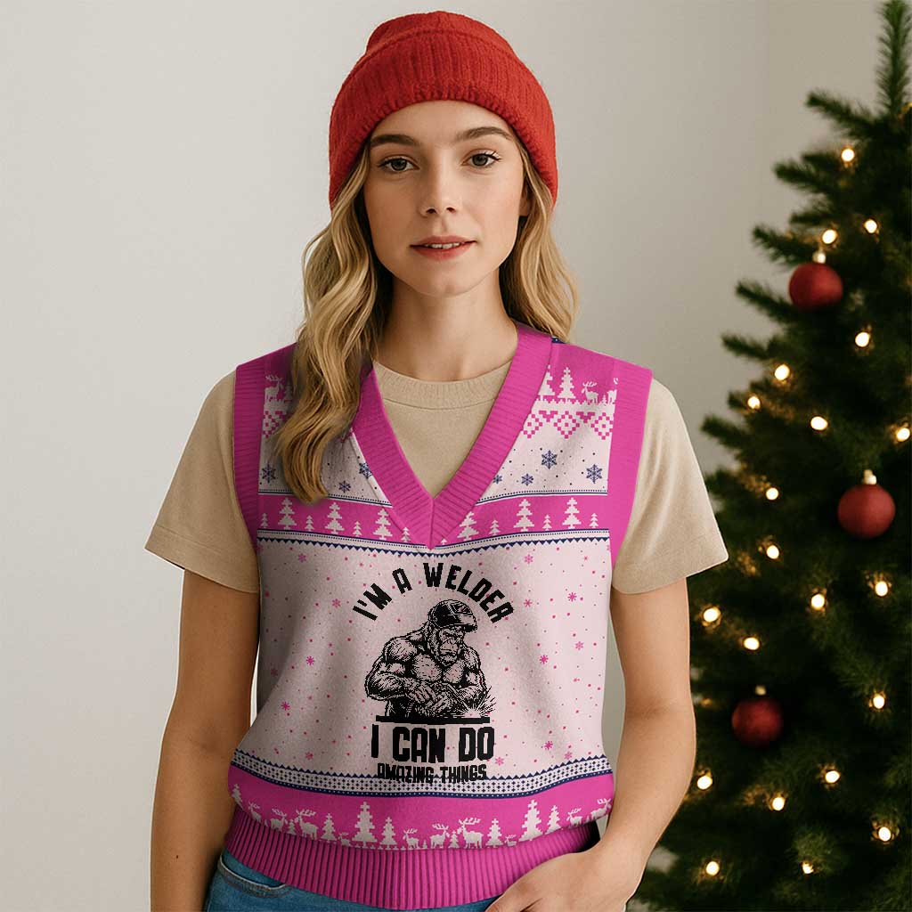 Funny Bigfoot Welder V-Neck Knit Sweater Vest I Can Do Amazing Things