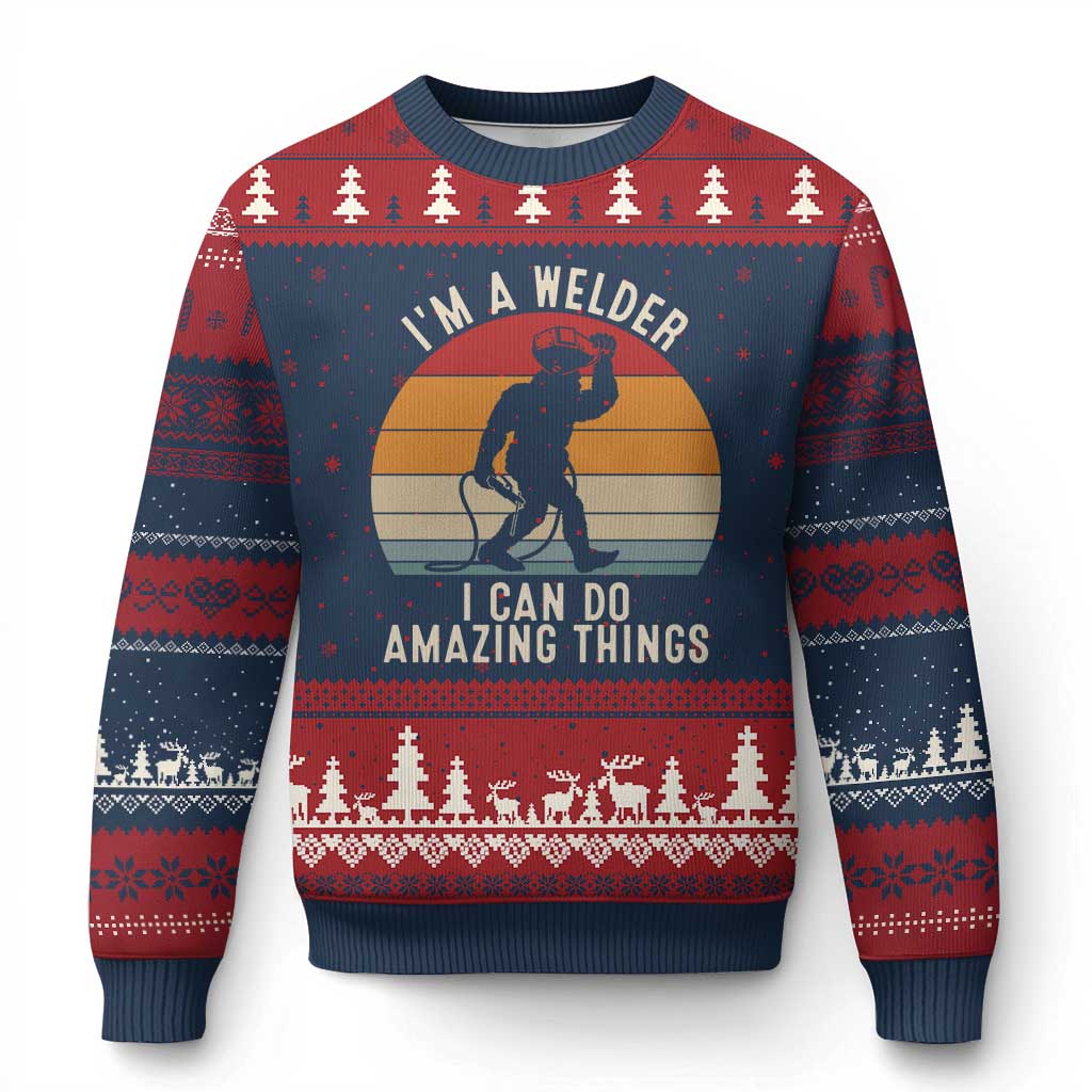 Funny Bigfoot Welding Gift Ugly Christmas Sweater I Can Do Amazing Things With A Welder TS12 Navy Red Print Your Wear