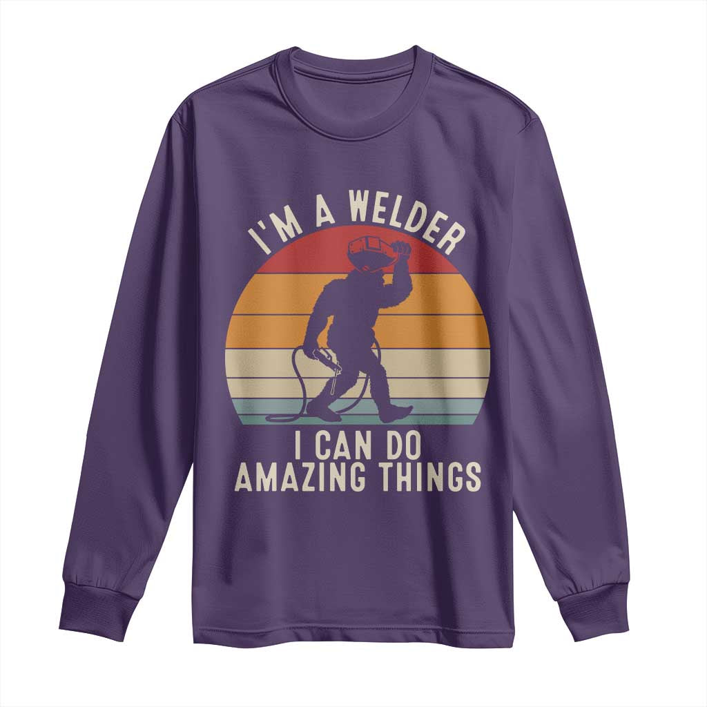 Funny Bigfoot Welding Gift Long Sleeve Shirt I Can Do Amazing Things With A Welder TS12 Purple Print Your Wear