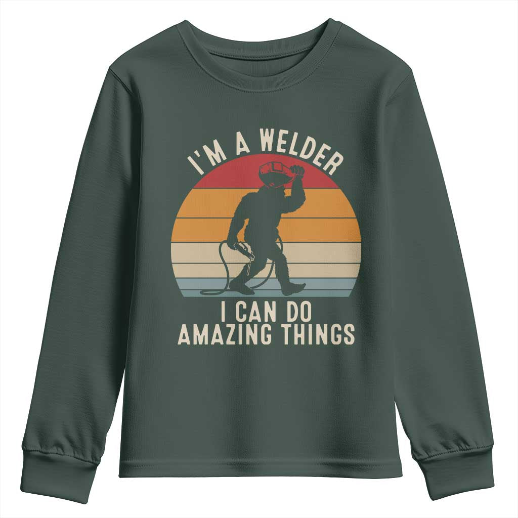Funny Bigfoot Welding Gift Youth Sweatshirt I Can Do Amazing Things With A Welder TS12 Dark Forest Green Print Your Wear