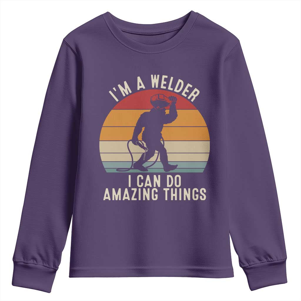 Funny Bigfoot Welding Gift Youth Sweatshirt I Can Do Amazing Things With A Welder TS12 Purple Print Your Wear