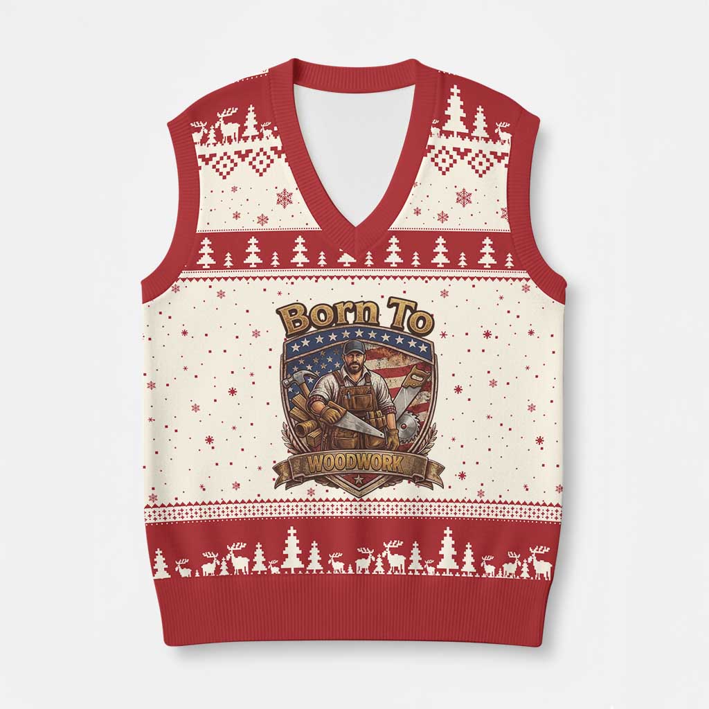 Vintage Woodworker Carpenter Graphic V-Neck Knit Sweater Vest Born To Woodwork TS12 Beige Red Print Your Wear