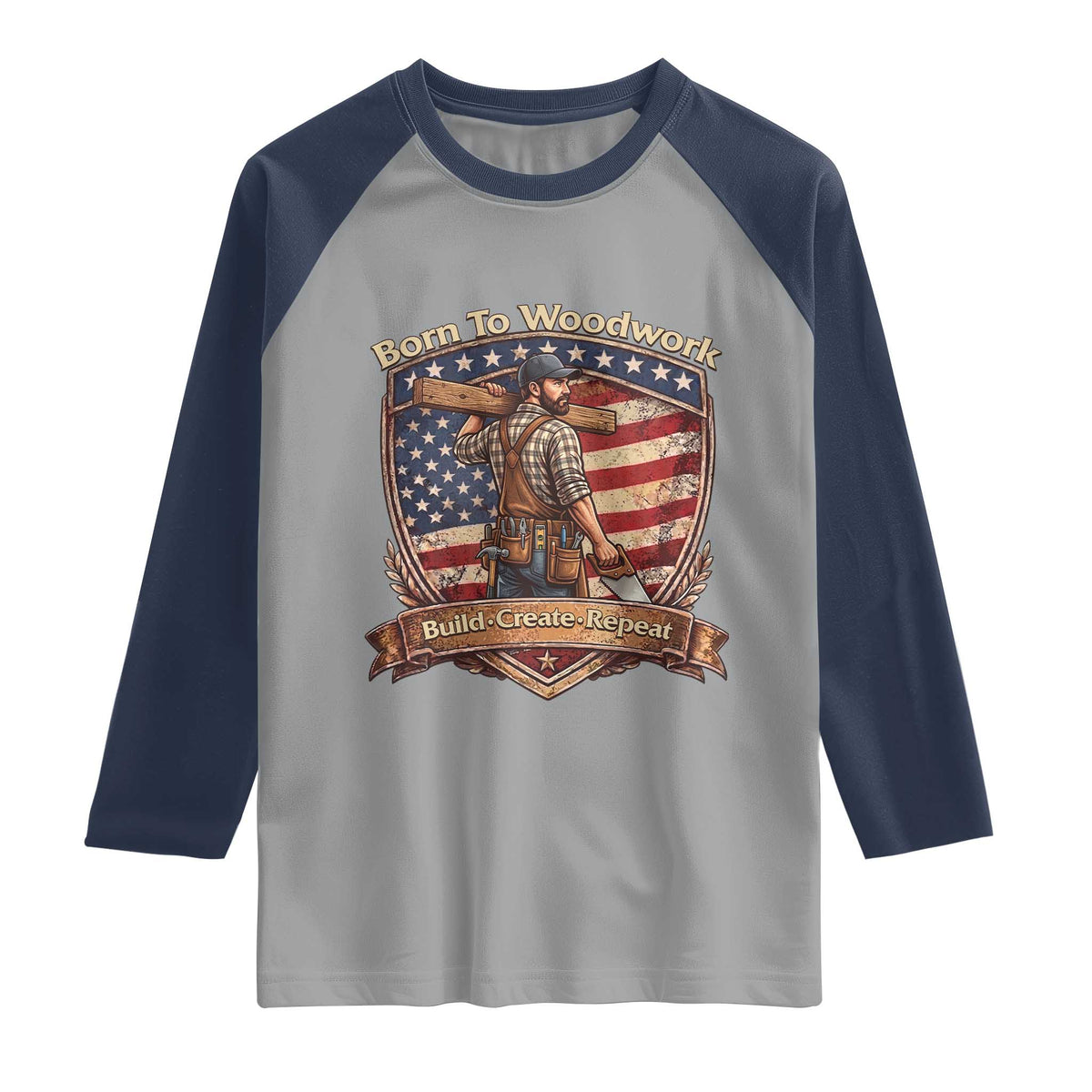 Proud American Woodworker Raglan Shirt Born To Woodwork Patriotic Gift
