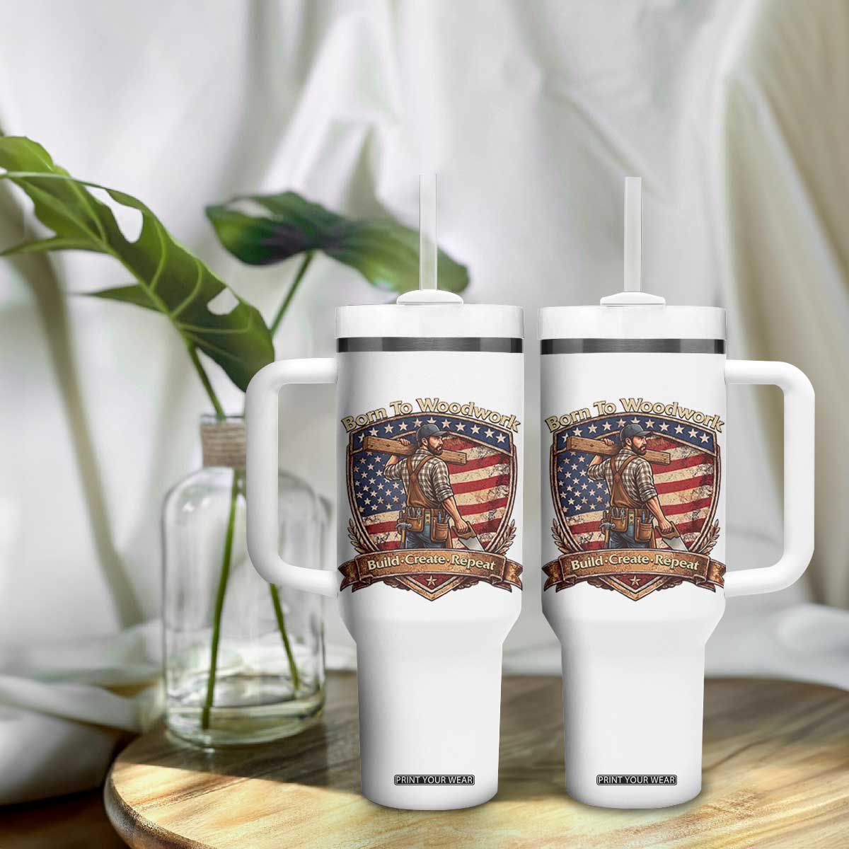 Proud American Woodworker Tumbler With Handle Born To Woodwork Patriotic Gift TS12 Print Your Wear