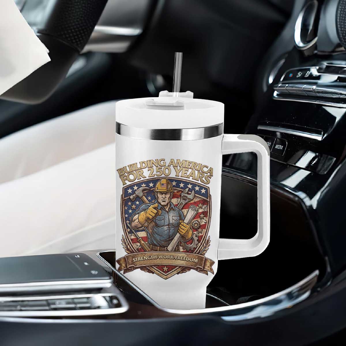 American Construction Worker Tumbler With Handle Building America For 250 Years