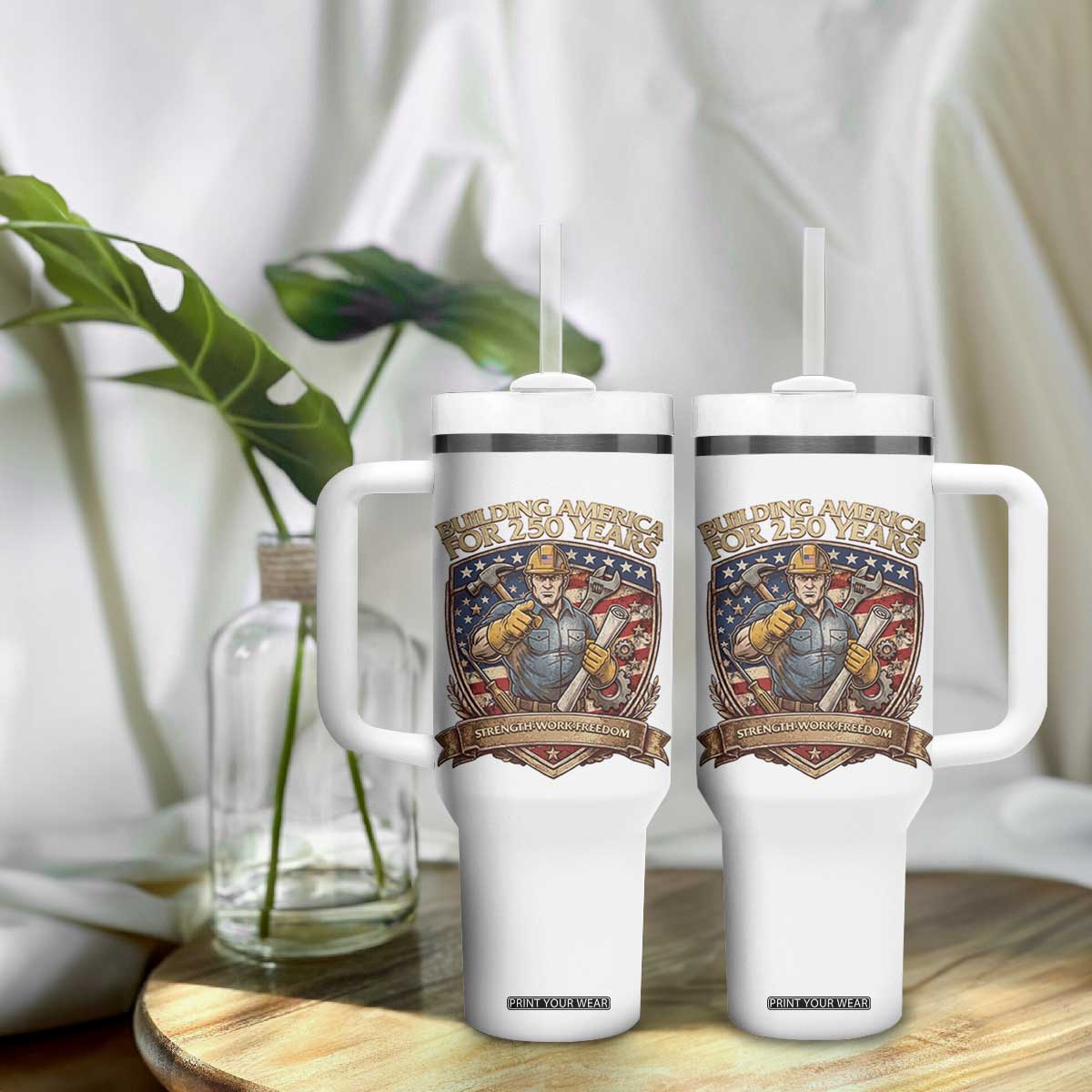 American Construction Worker Tumbler With Handle Building America For 250 Years