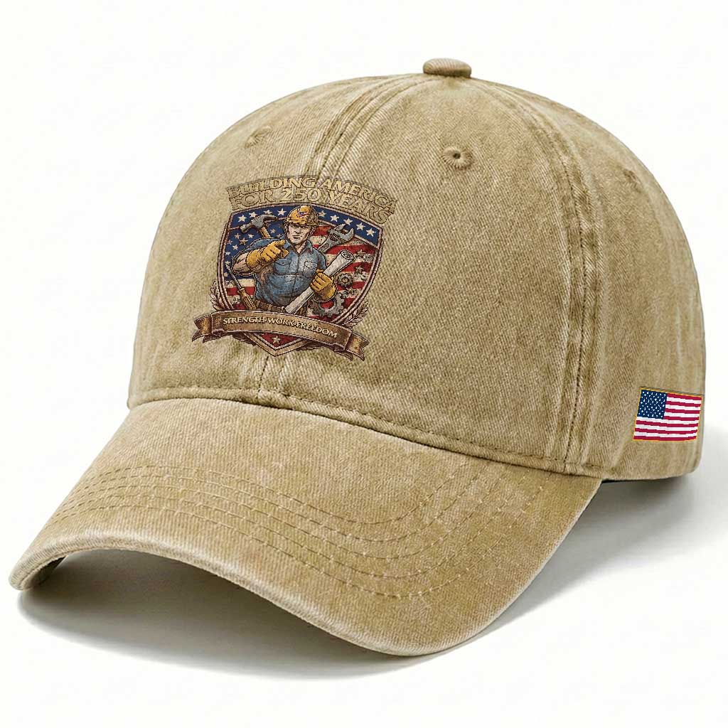 American Construction Worker Washed Cotton Baseball Cap Building America For 250 Years