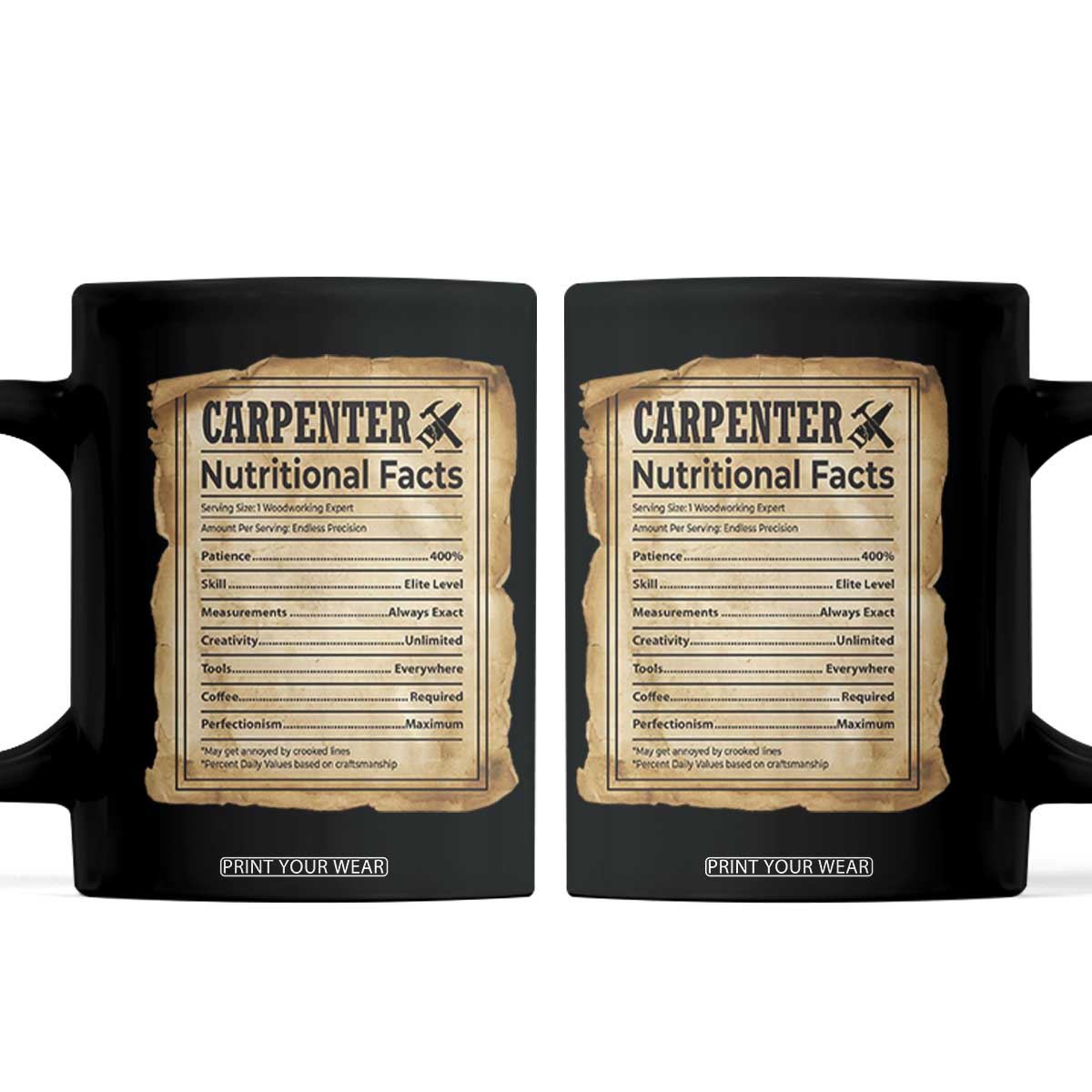 Woodworker Nutrition Label Coffee Mug Carpenter Nutritional Facts Graphic