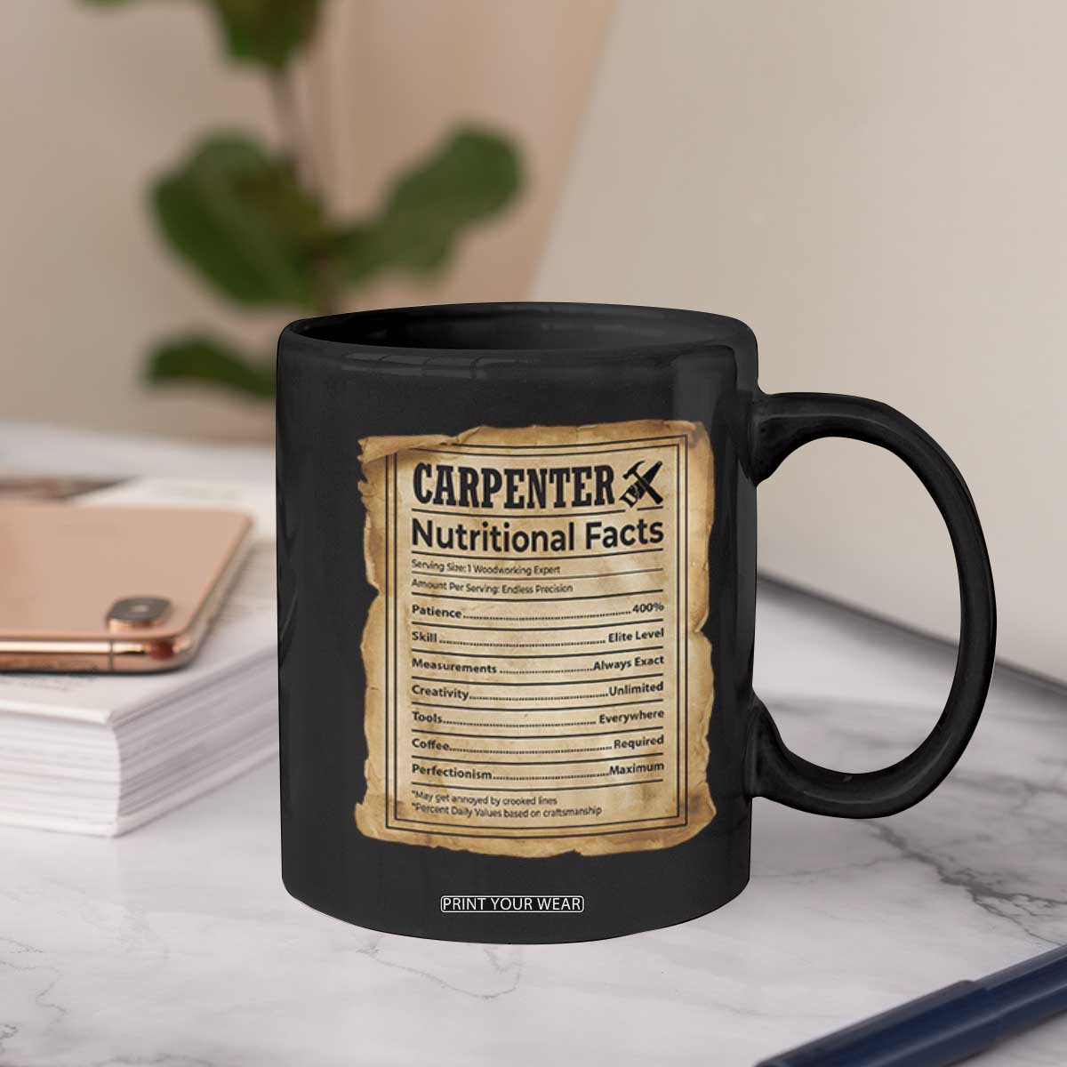 Woodworker Nutrition Label Coffee Mug Carpenter Nutritional Facts Graphic