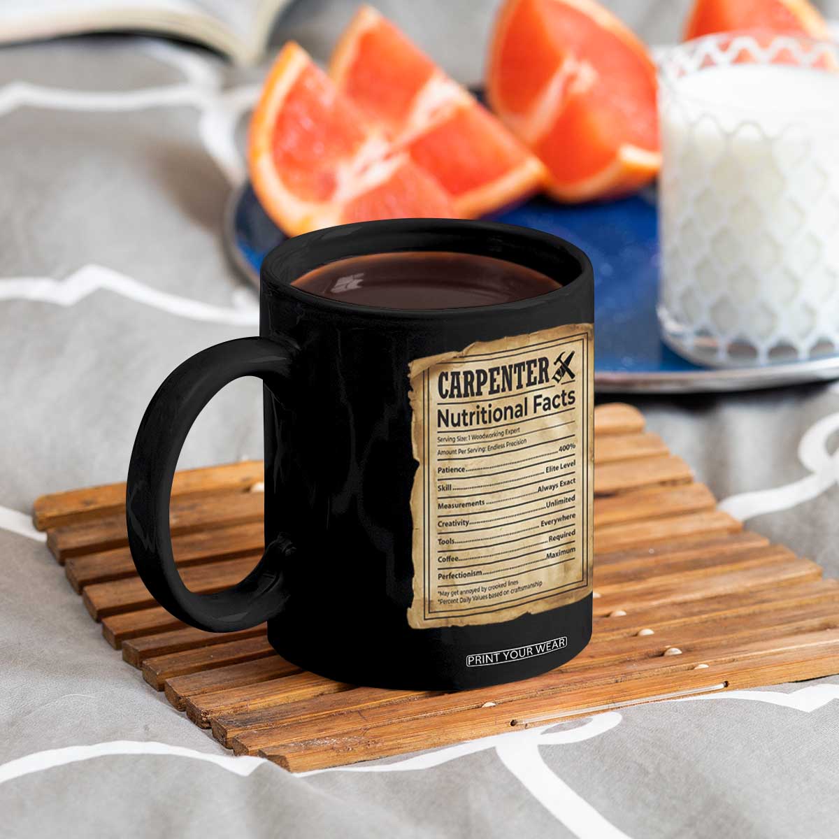 Woodworker Nutrition Label Coffee Mug Carpenter Nutritional Facts Graphic