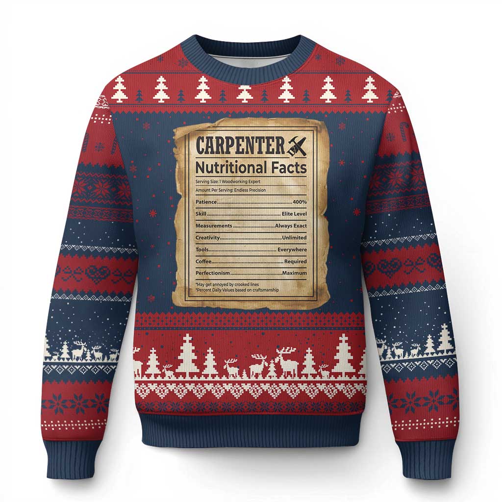 Woodworker Nutrition Label Ugly Christmas Sweater Carpenter Nutritional Facts Graphic TS12 Navy Red Print Your Wear
