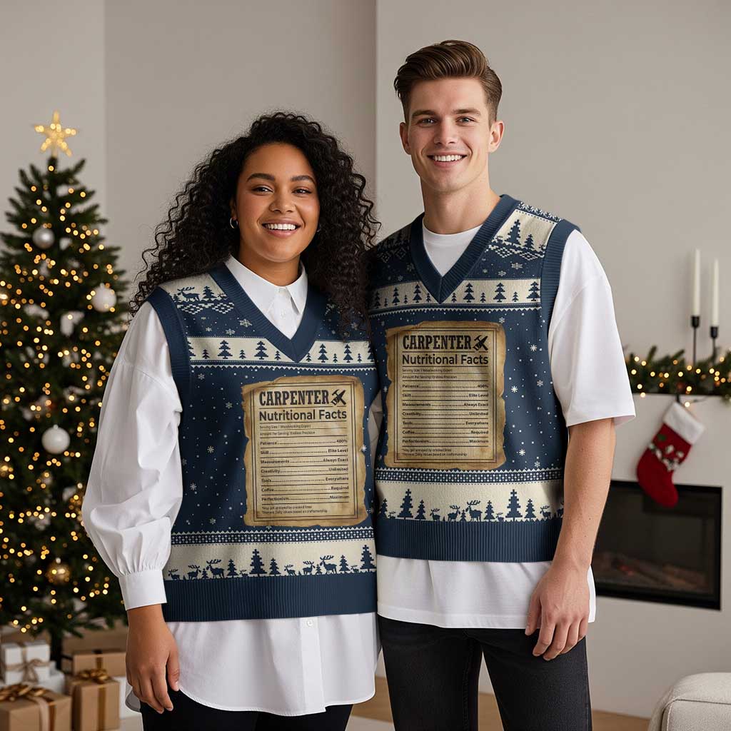 Woodworker Nutrition Label V-Neck Knit Sweater Vest Carpenter Nutritional Facts Graphic