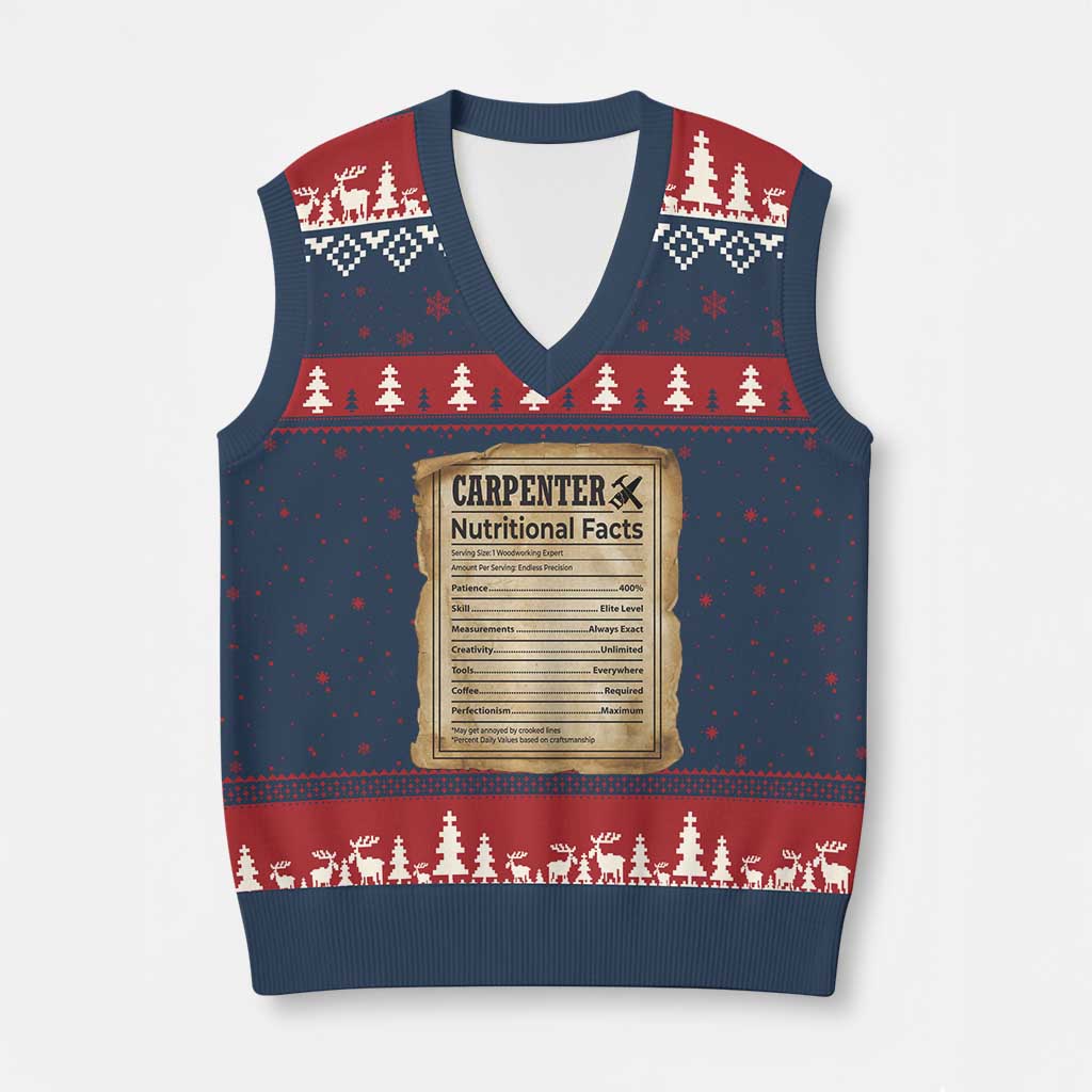 Woodworker Nutrition Label V-Neck Knit Sweater Vest Carpenter Nutritional Facts Graphic