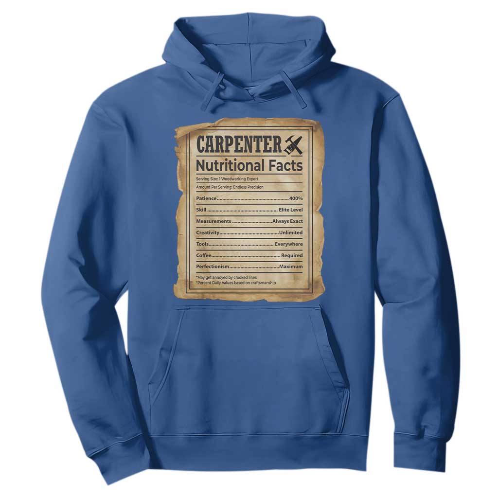 Woodworker Nutrition Label Hoodie Carpenter Nutritional Facts Graphic TS12 Royal Blue Print Your Wear