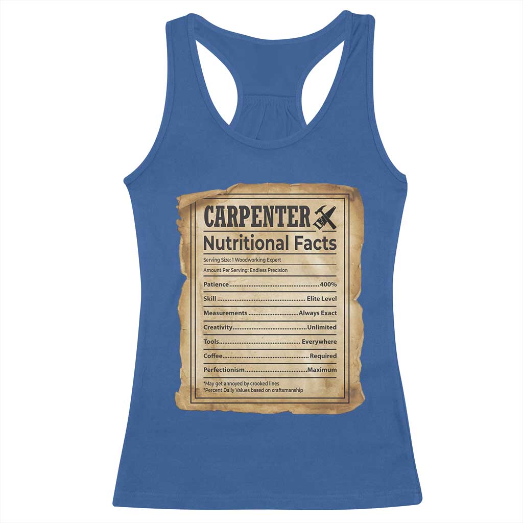 Woodworker Nutrition Label Racerback Tank Top Carpenter Nutritional Facts Graphic TS12 Royal Blue Print Your Wear