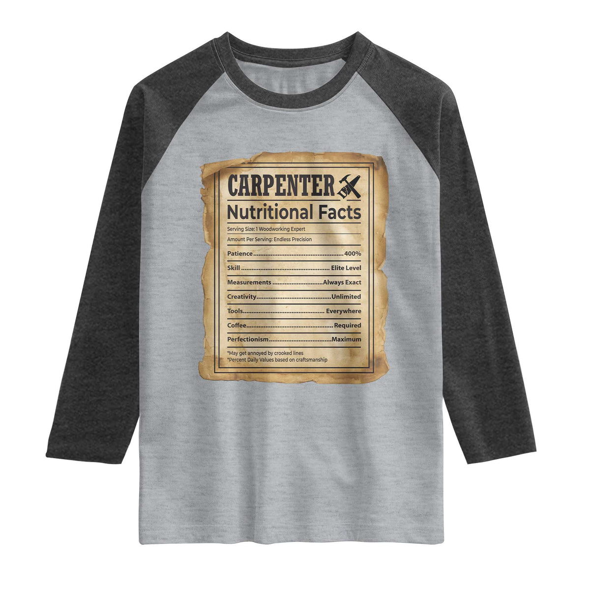 Woodworker Nutrition Label Raglan Shirt Carpenter Nutritional Facts Graphic TS12 Heather Gray Heather Charcoal Print Your Wear