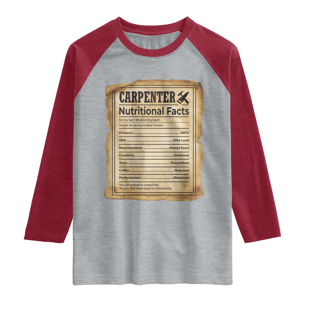 Woodworker Nutrition Label Raglan Shirt Carpenter Nutritional Facts Graphic TS12 Heather Gray Heather Red Print Your Wear