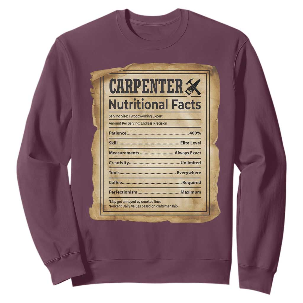 Woodworker Nutrition Label Sweatshirt Carpenter Nutritional Facts Graphic TS12 Maroon Print Your Wear