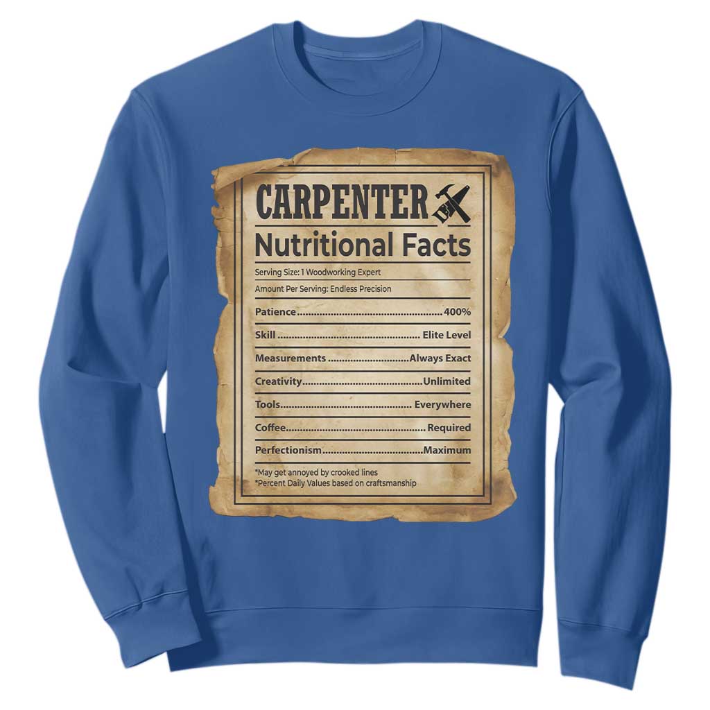 Woodworker Nutrition Label Sweatshirt Carpenter Nutritional Facts Graphic TS12 Royal Blue Print Your Wear