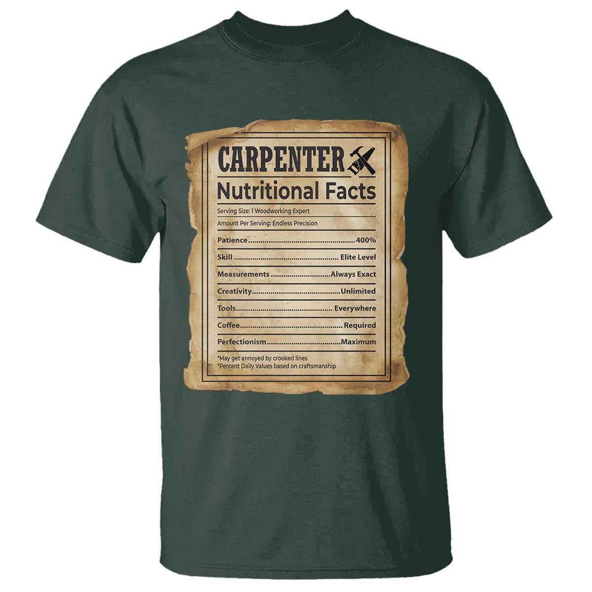 Woodworker Nutrition Label T Shirt Carpenter Nutritional Facts Graphic TS12 Dark Forest Green Print Your Wear