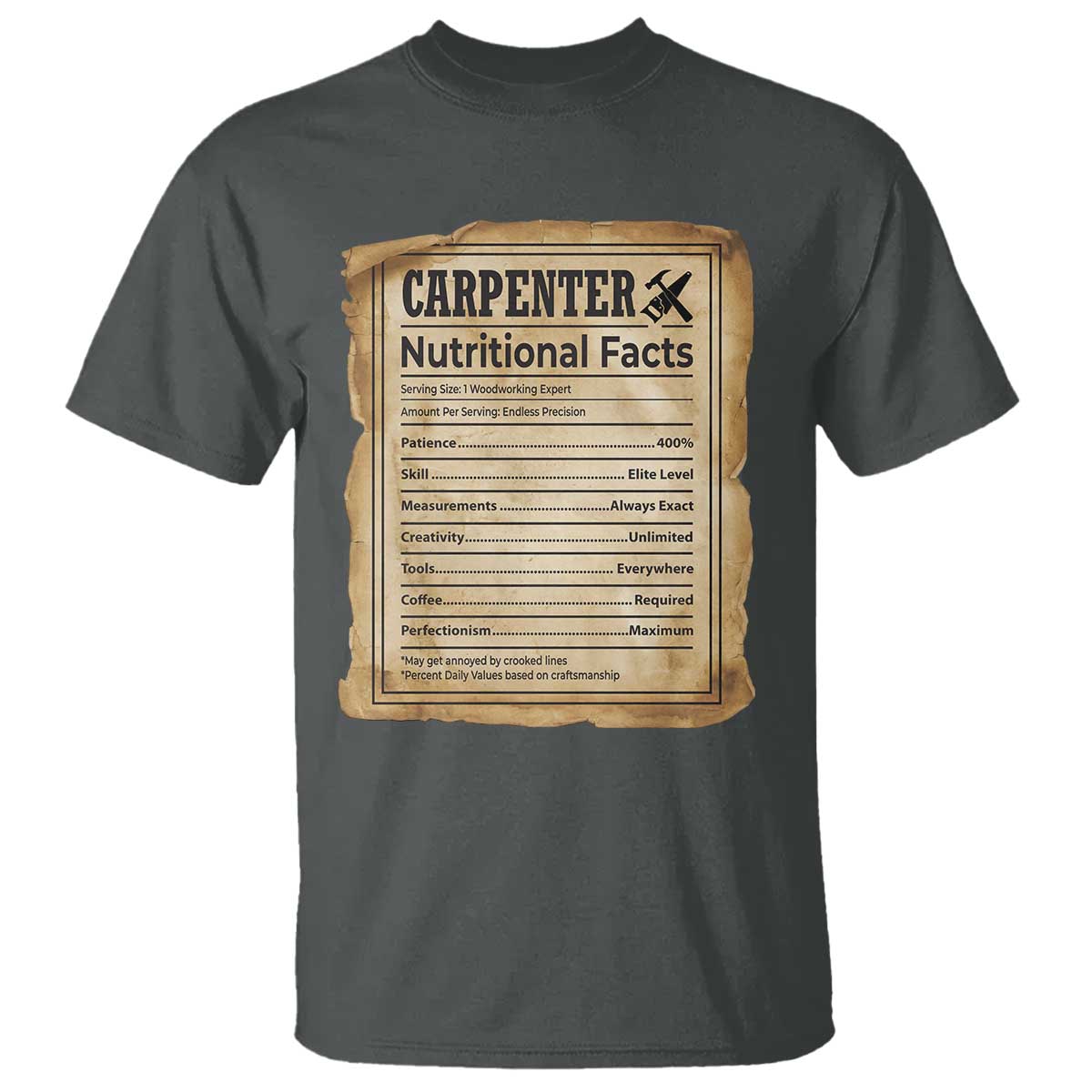 Woodworker Nutrition Label T Shirt Carpenter Nutritional Facts Graphic TS12 Dark Heather Print Your Wear