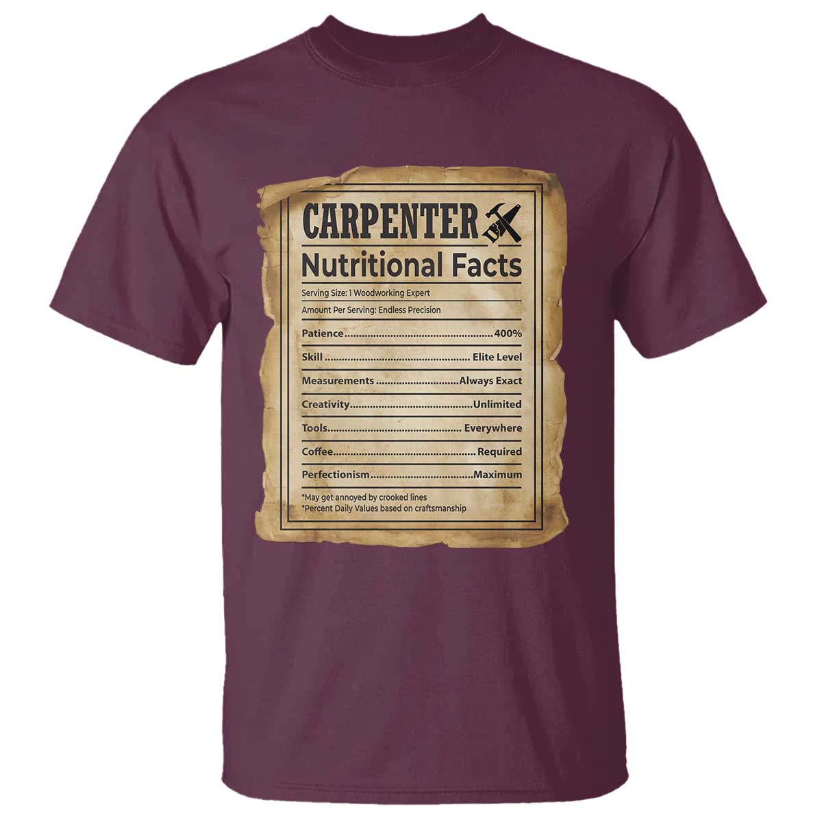 Woodworker Nutrition Label T Shirt Carpenter Nutritional Facts Graphic TS12 Maroon Print Your Wear